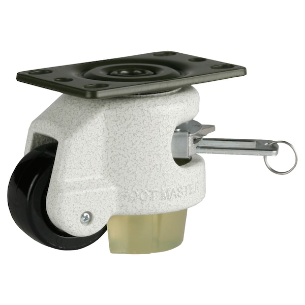 Leveling Caster, Ratchet, 50 mm Nylon Wheel, 2-1/2 x 3-1/4 Plate, Swivel, 250 kg Cap, PU Pad, Ivory